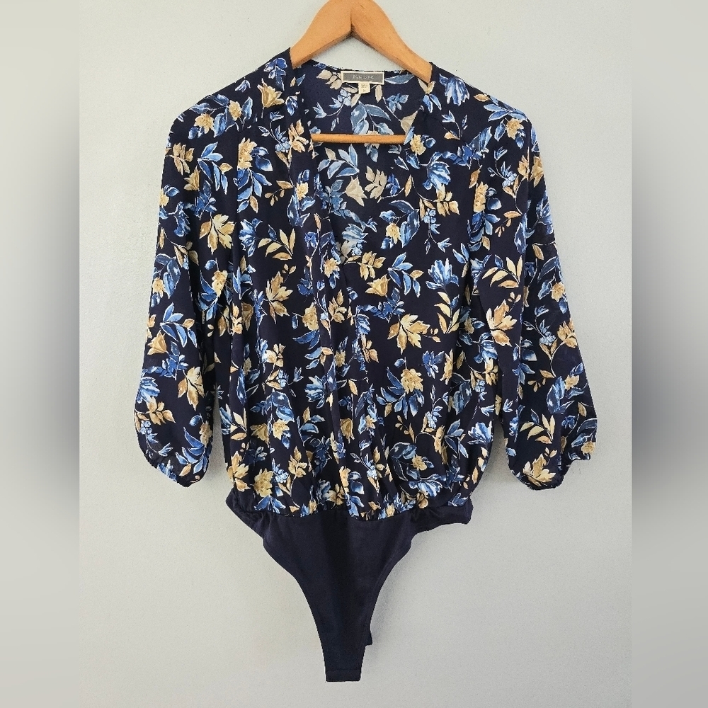 Anthropologie Pleione Womens Bodysuit Small Blue Floral Faux Wrap